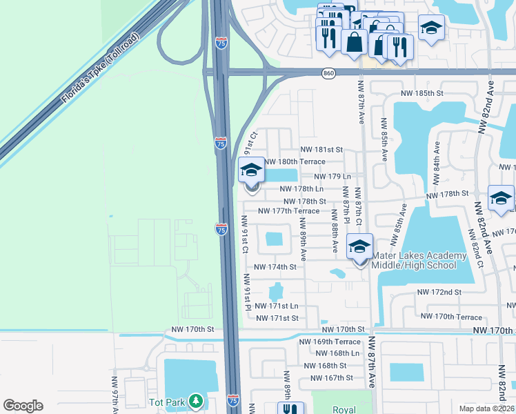 map of restaurants, bars, coffee shops, grocery stores, and more near 9141 Northwest 177th Terrace in Hialeah