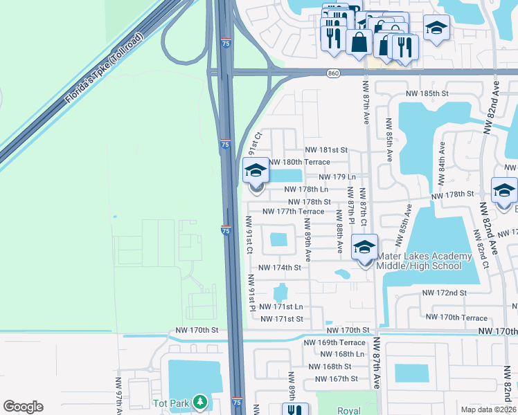 map of restaurants, bars, coffee shops, grocery stores, and more near 9141 Northwest 177th Terrace in Hialeah