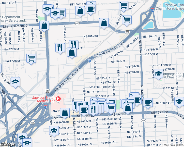map of restaurants, bars, coffee shops, grocery stores, and more near 141 Northeast 174th Street in North Miami Beach