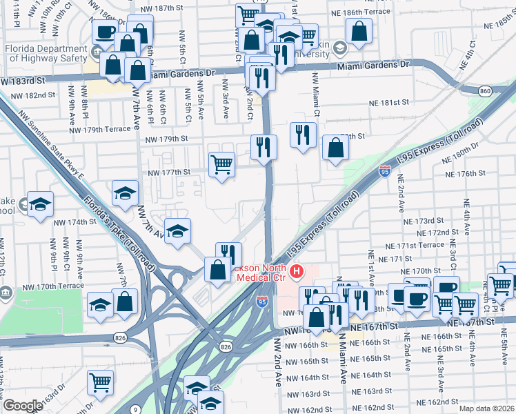 map of restaurants, bars, coffee shops, grocery stores, and more near 17440 Northwest 2nd Avenue in Miami