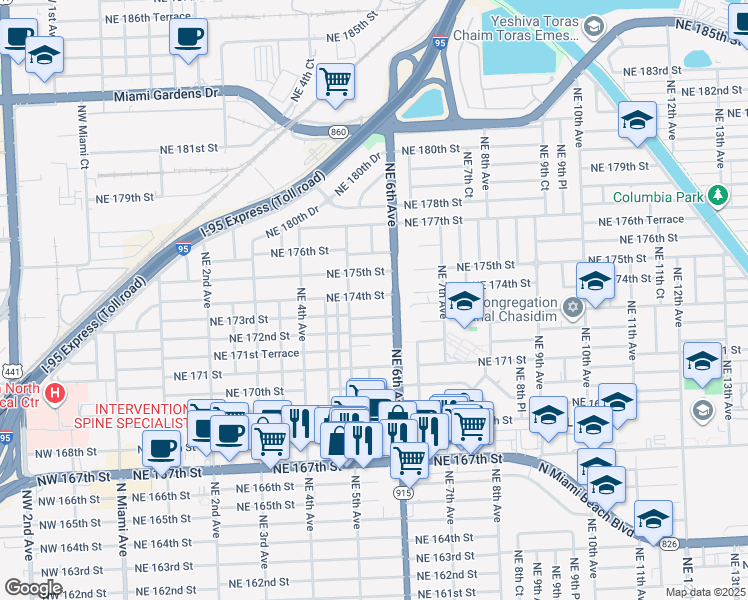 map of restaurants, bars, coffee shops, grocery stores, and more near 521 Northeast 174th Street in North Miami Beach