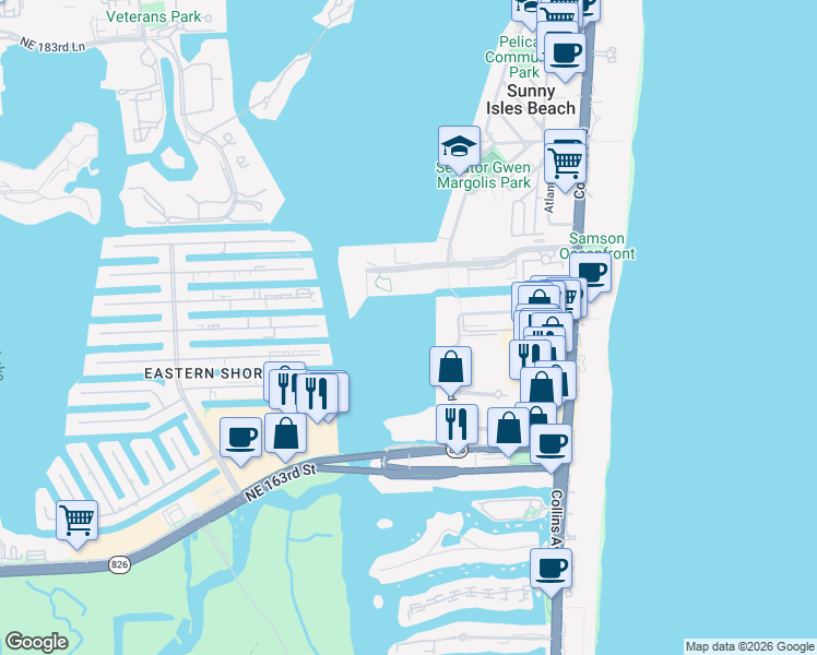 map of restaurants, bars, coffee shops, grocery stores, and more near 17100 North Bay Road in Sunny Isles Beach