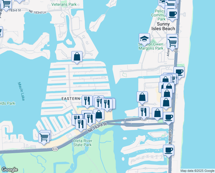 map of restaurants, bars, coffee shops, grocery stores, and more near 4000 Northeast 168th Street in North Miami Beach