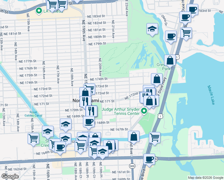 map of restaurants, bars, coffee shops, grocery stores, and more near 17250 Northeast 21st Avenue in North Miami Beach