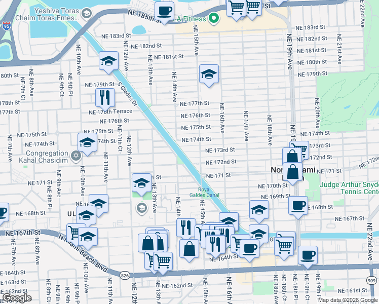 map of restaurants, bars, coffee shops, grocery stores, and more near 1423 Northeast 173rd Street in North Miami Beach