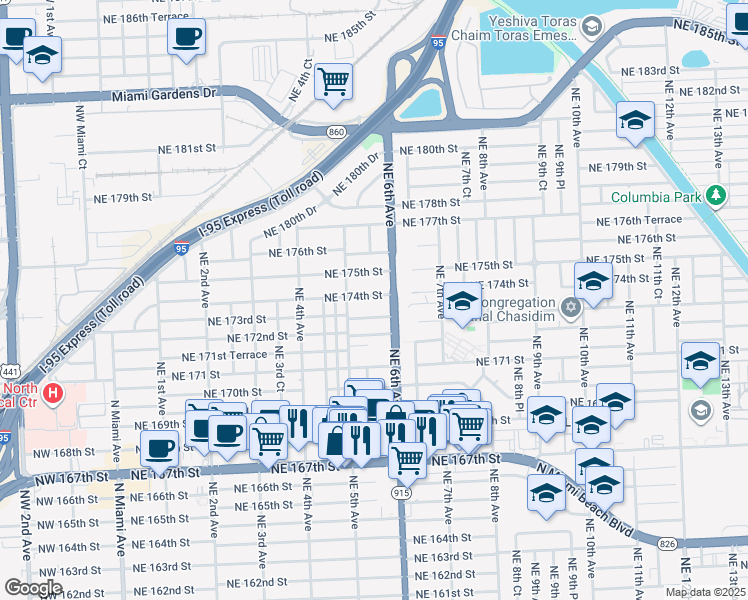 map of restaurants, bars, coffee shops, grocery stores, and more near 521 Northeast 174th Street in North Miami Beach