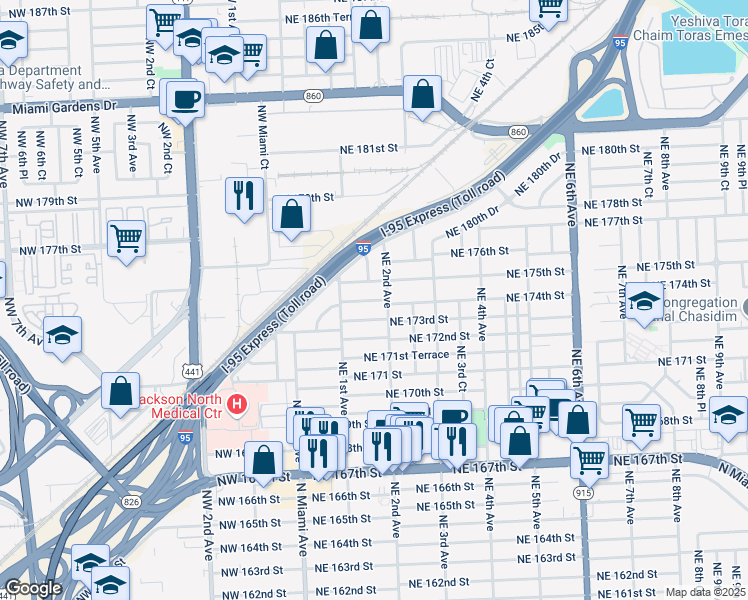 map of restaurants, bars, coffee shops, grocery stores, and more near 141 Northeast 174th Street in North Miami Beach