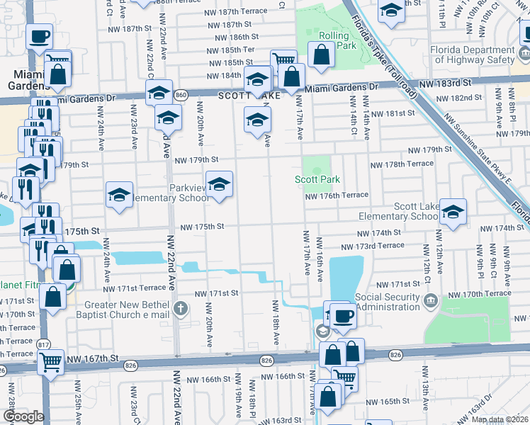 map of restaurants, bars, coffee shops, grocery stores, and more near 1845 Northwest 175th Street in Miami Gardens