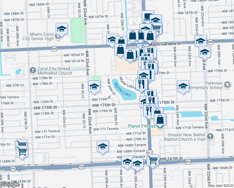map of restaurants, bars, coffee shops, grocery stores, and more near 17535 Northwest 29th Court in Miami Gardens