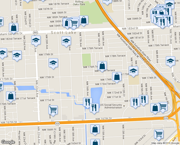 map of restaurants, bars, coffee shops, grocery stores, and more near 1520 Northwest 175th Terrace in Miami