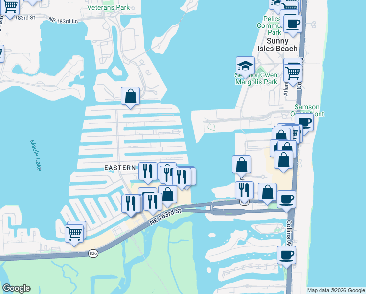 map of restaurants, bars, coffee shops, grocery stores, and more near 4000 Northeast 168th Street in North Miami Beach