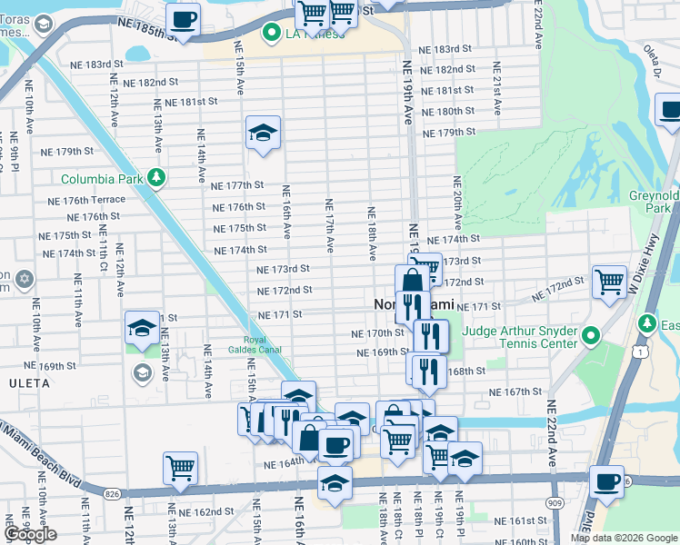 map of restaurants, bars, coffee shops, grocery stores, and more near 1710 Northeast 173rd Street in North Miami Beach