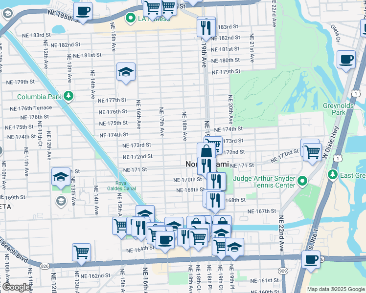 map of restaurants, bars, coffee shops, grocery stores, and more near 1798 Northeast 173rd Street in North Miami Beach