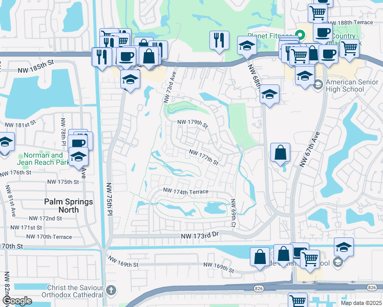 map of restaurants, bars, coffee shops, grocery stores, and more near 7060 Northwest 177th Street in Hialeah