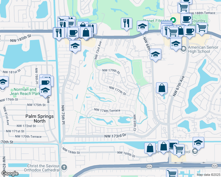 map of restaurants, bars, coffee shops, grocery stores, and more near 7080 Northwest 177th Street in Hialeah