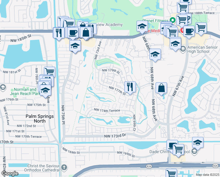 map of restaurants, bars, coffee shops, grocery stores, and more near 58 Northwest 177th Street in Hialeah