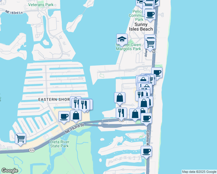 map of restaurants, bars, coffee shops, grocery stores, and more near 17100 North Bay Road in Sunny Isles Beach