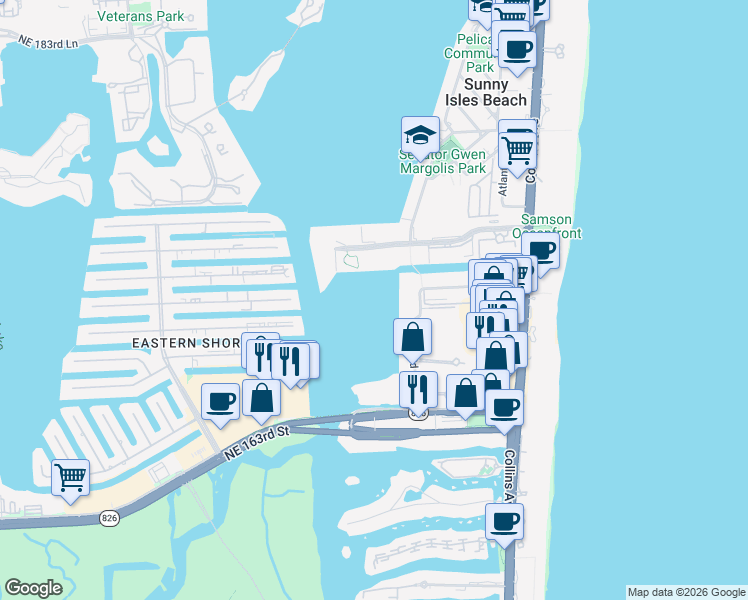 map of restaurants, bars, coffee shops, grocery stores, and more near 17100 North Bay Road in Sunny Isles Beach