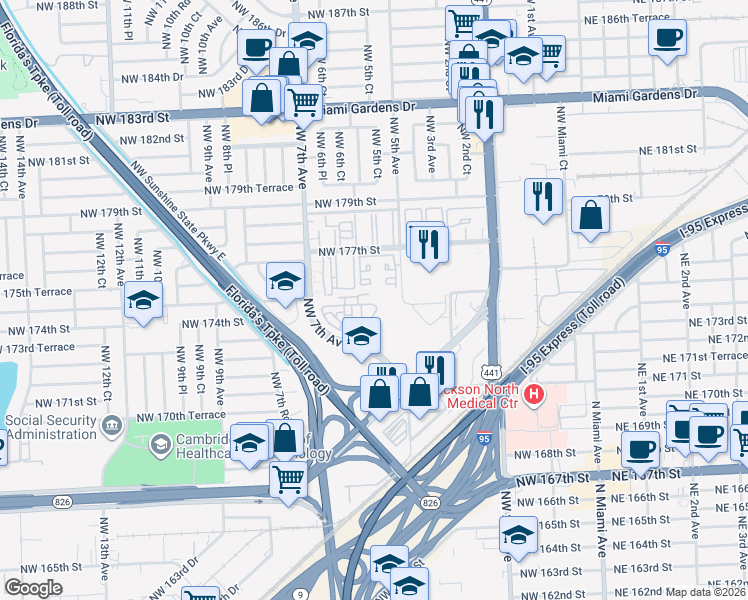 map of restaurants, bars, coffee shops, grocery stores, and more near 17337 Northwest 7th Avenue in Miami