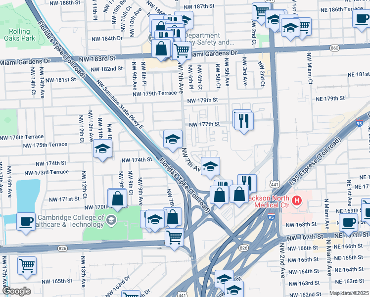 map of restaurants, bars, coffee shops, grocery stores, and more near 701 Northwest 175th Street in Miami
