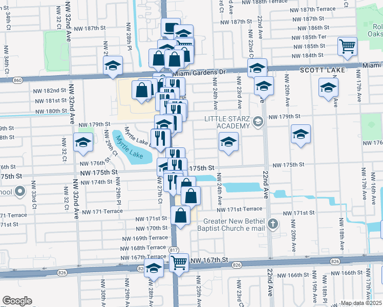 map of restaurants, bars, coffee shops, grocery stores, and more near 2470 Northwest 176th Terrace in Miami Gardens