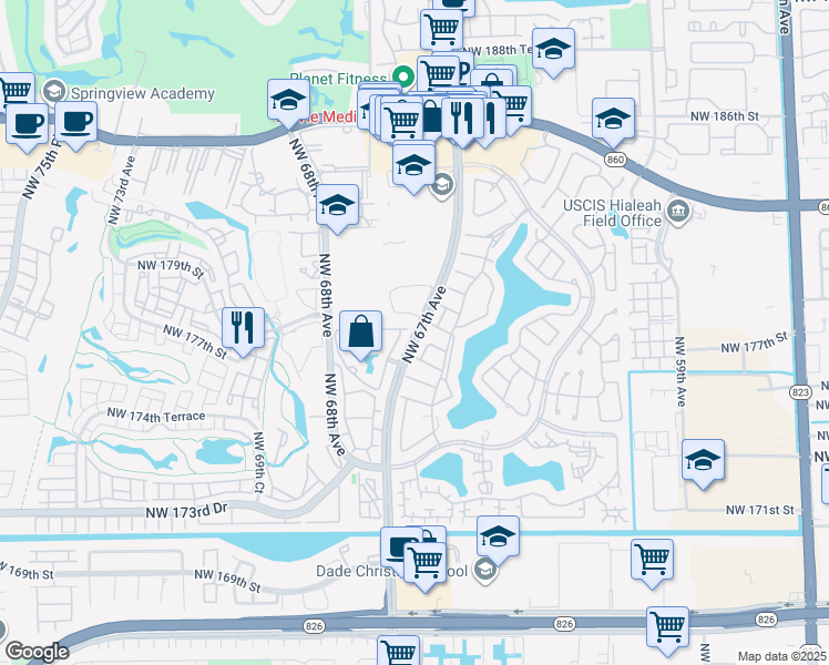 map of restaurants, bars, coffee shops, grocery stores, and more near 17750 Northwest 67th Avenue in Hialeah