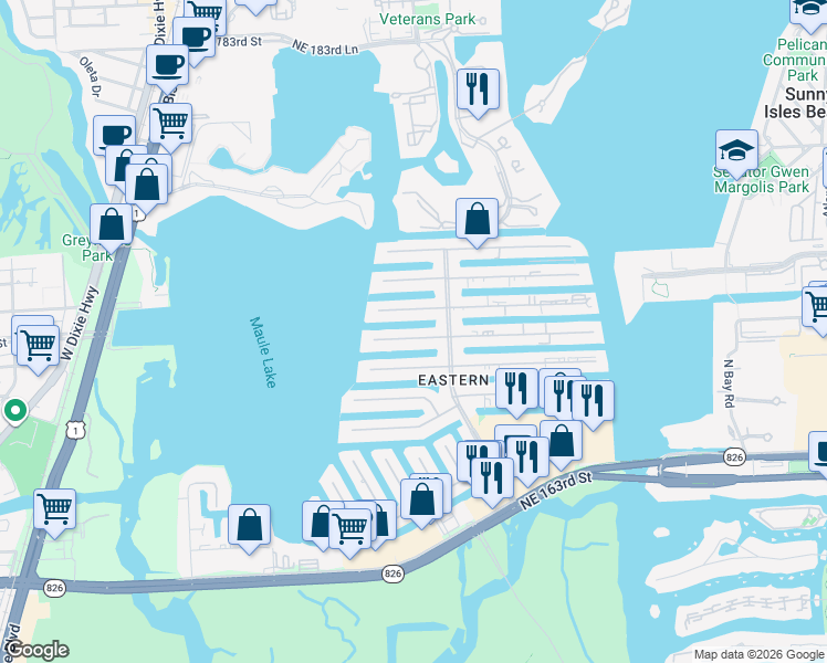 map of restaurants, bars, coffee shops, grocery stores, and more near 3347 Northeast 168th Street in North Miami Beach