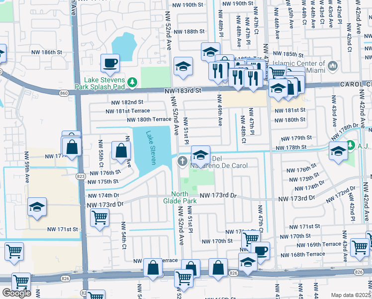 map of restaurants, bars, coffee shops, grocery stores, and more near 5110 Northwest 178th Terrace in Miami Gardens
