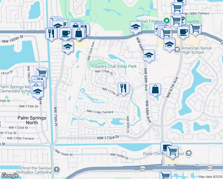 map of restaurants, bars, coffee shops, grocery stores, and more near 58 Northwest 177th Street in Hialeah