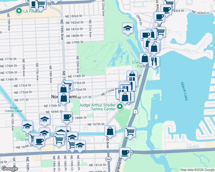 map of restaurants, bars, coffee shops, grocery stores, and more near 2233 Northeast 172nd Street in North Miami Beach