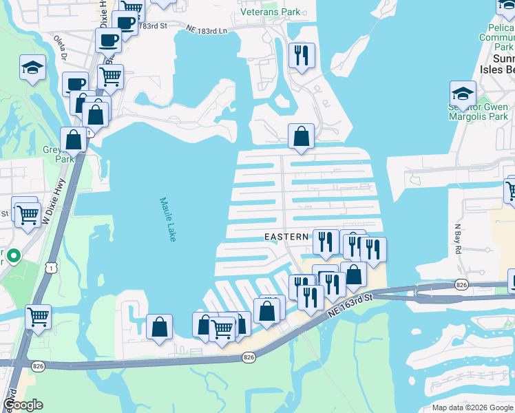 map of restaurants, bars, coffee shops, grocery stores, and more near 3347 Northeast 168th Street in North Miami Beach