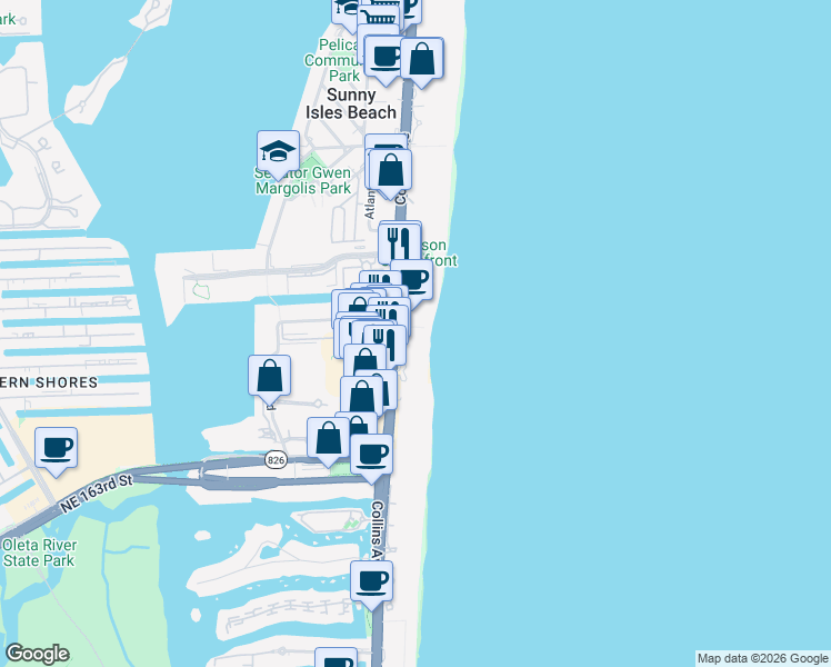 map of restaurants, bars, coffee shops, grocery stores, and more near in Sunny Isles Beach