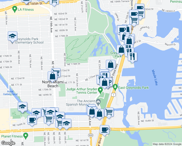 map of restaurants, bars, coffee shops, grocery stores, and more near 2233 Northeast 172nd Street in North Miami Beach