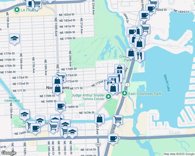 map of restaurants, bars, coffee shops, grocery stores, and more near 2233 Northeast 172nd Street in North Miami Beach