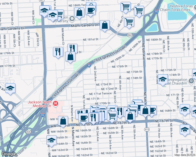 map of restaurants, bars, coffee shops, grocery stores, and more near 231 Northeast 174th Street in North Miami Beach