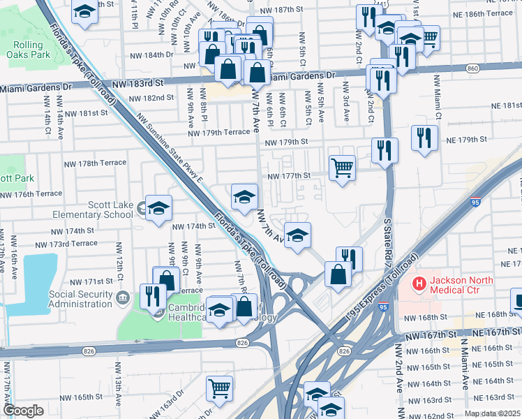 map of restaurants, bars, coffee shops, grocery stores, and more near 701 Northwest 175th Street in Miami