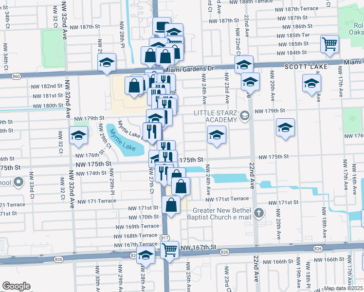map of restaurants, bars, coffee shops, grocery stores, and more near in Miami Gardens