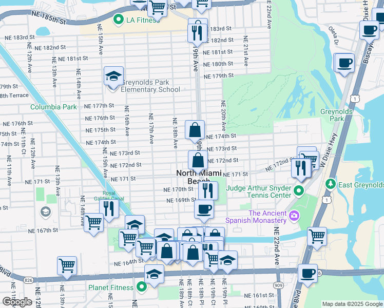 map of restaurants, bars, coffee shops, grocery stores, and more near 1880 Northeast 173rd Street in North Miami Beach