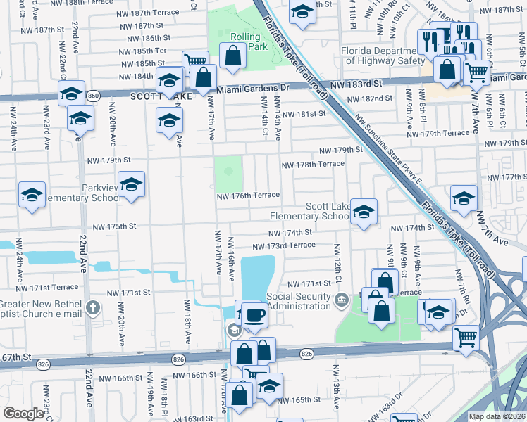 map of restaurants, bars, coffee shops, grocery stores, and more near 1440 Northwest 175th Terrace in Miami