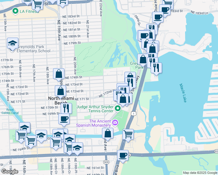 map of restaurants, bars, coffee shops, grocery stores, and more near 2233 Northeast 172nd Street in North Miami Beach