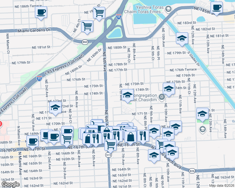 map of restaurants, bars, coffee shops, grocery stores, and more near 665 Northeast 173rd Terrace in North Miami Beach