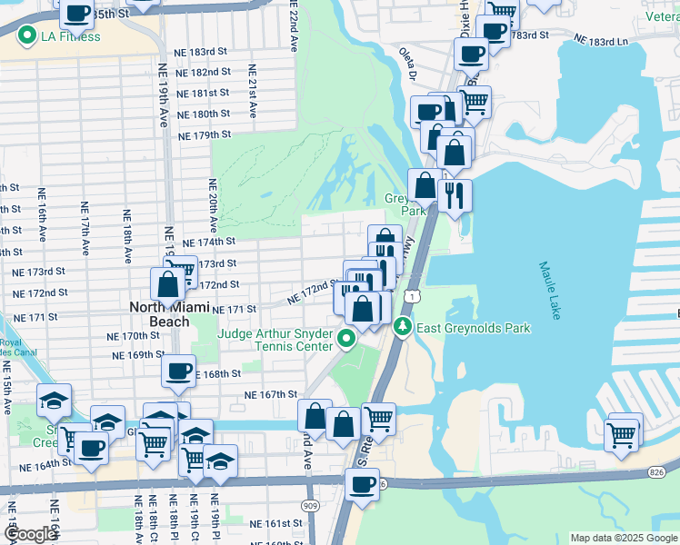 map of restaurants, bars, coffee shops, grocery stores, and more near 17201 Northeast 23rd Avenue in North Miami Beach