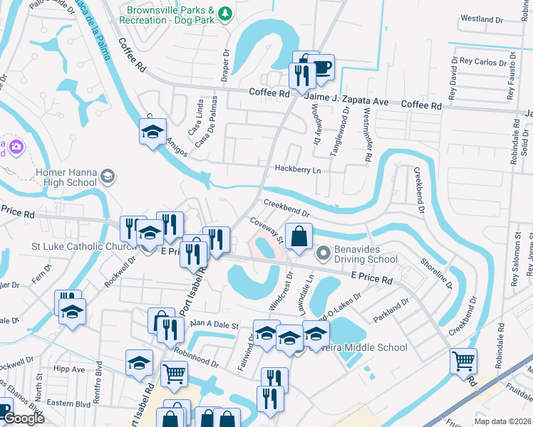 map of restaurants, bars, coffee shops, grocery stores, and more near 14 Skyview Drive in Brownsville