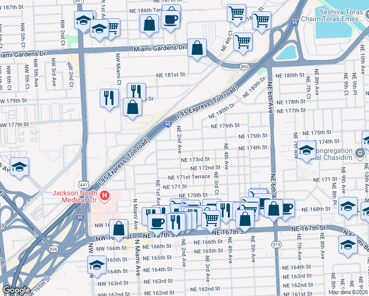 map of restaurants, bars, coffee shops, grocery stores, and more near 231 Northeast 174th Street in North Miami Beach