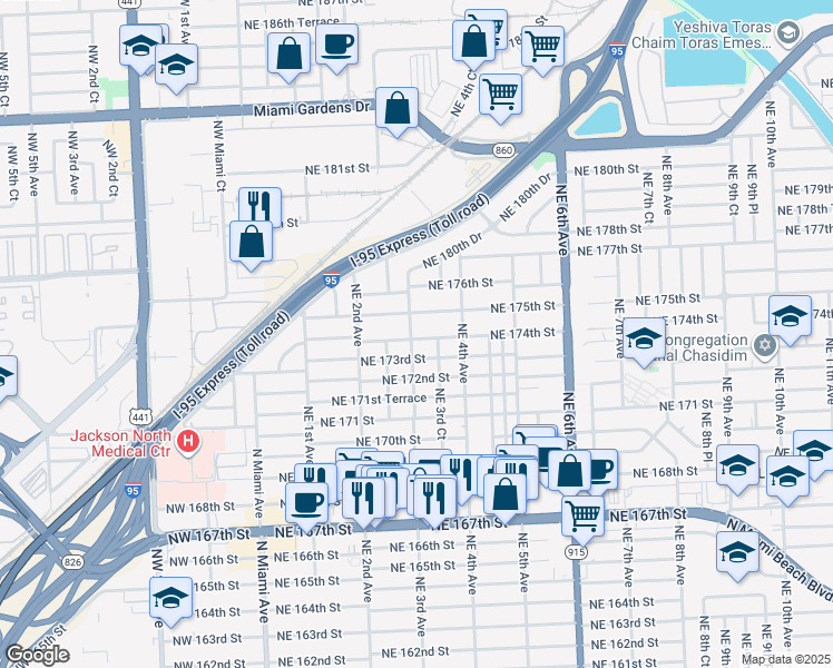 map of restaurants, bars, coffee shops, grocery stores, and more near 301 Northeast 174th Street in North Miami Beach