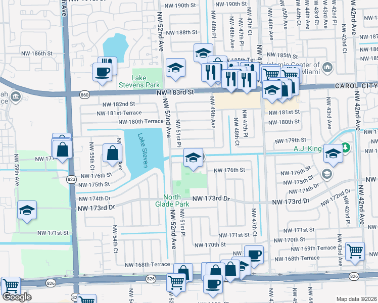 map of restaurants, bars, coffee shops, grocery stores, and more near 4960 Northwest 178th Terrace in Miami Gardens