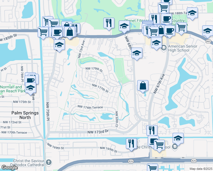 map of restaurants, bars, coffee shops, grocery stores, and more near 7012 Northwest 179th Street in Hialeah