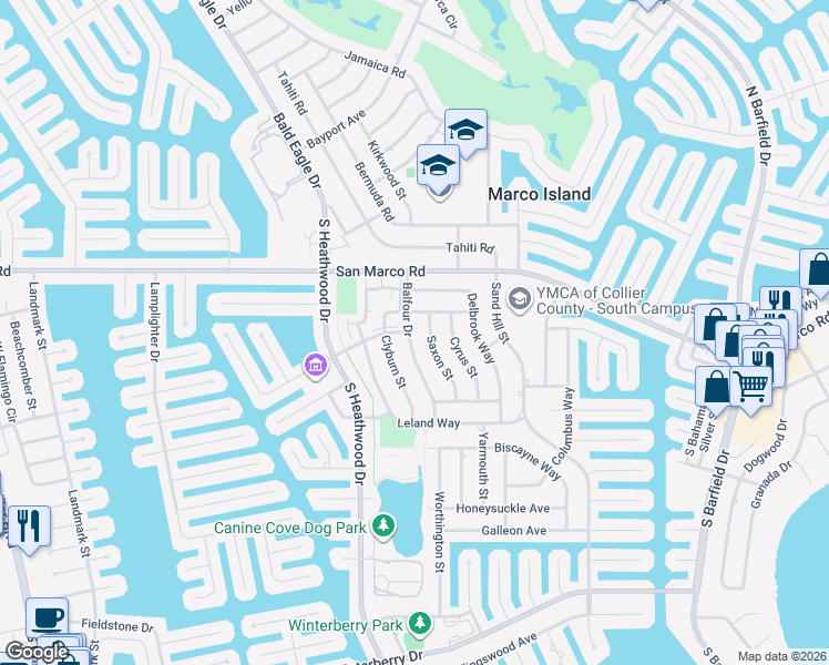 map of restaurants, bars, coffee shops, grocery stores, and more near 119 Balfour Drive in Marco Island