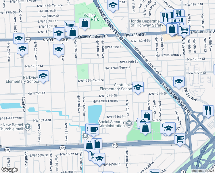 map of restaurants, bars, coffee shops, grocery stores, and more near 1360 Northwest 175th Terrace in Miami