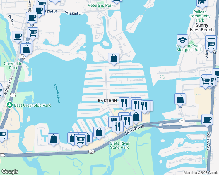 map of restaurants, bars, coffee shops, grocery stores, and more near 3527 Northeast 168th Street in North Miami Beach